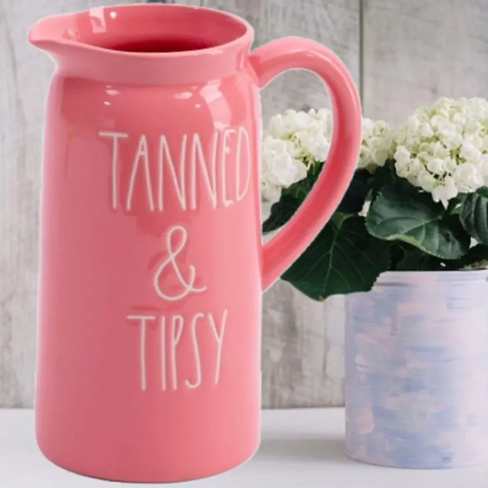 NWT Rae Dunn Salmon Coral Pink Tanned and Tipsy Gorgeous Ceramic Pitcher New